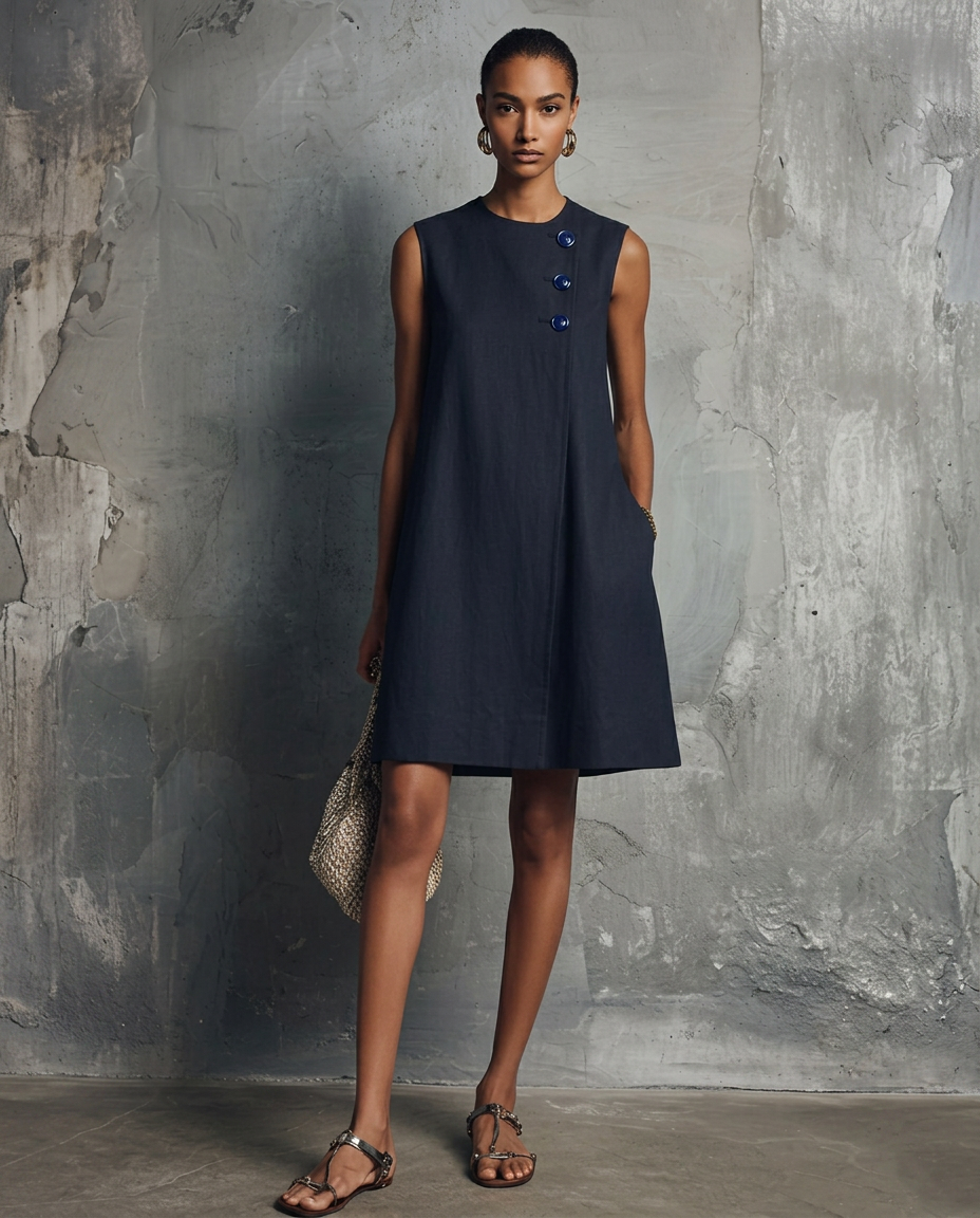 Avalon™ | Round Neck Mini Dress with Asymmetric Buttons
