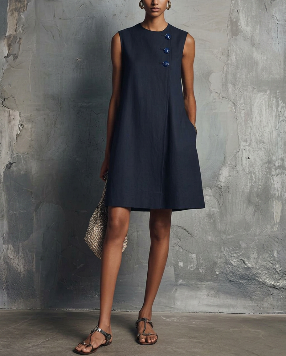 Avalon™ | Round Neck Mini Dress with Asymmetric Buttons