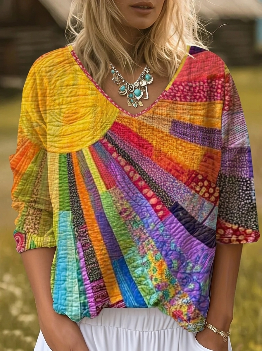 Imogen™ | Sunburst Print V-Neck Top