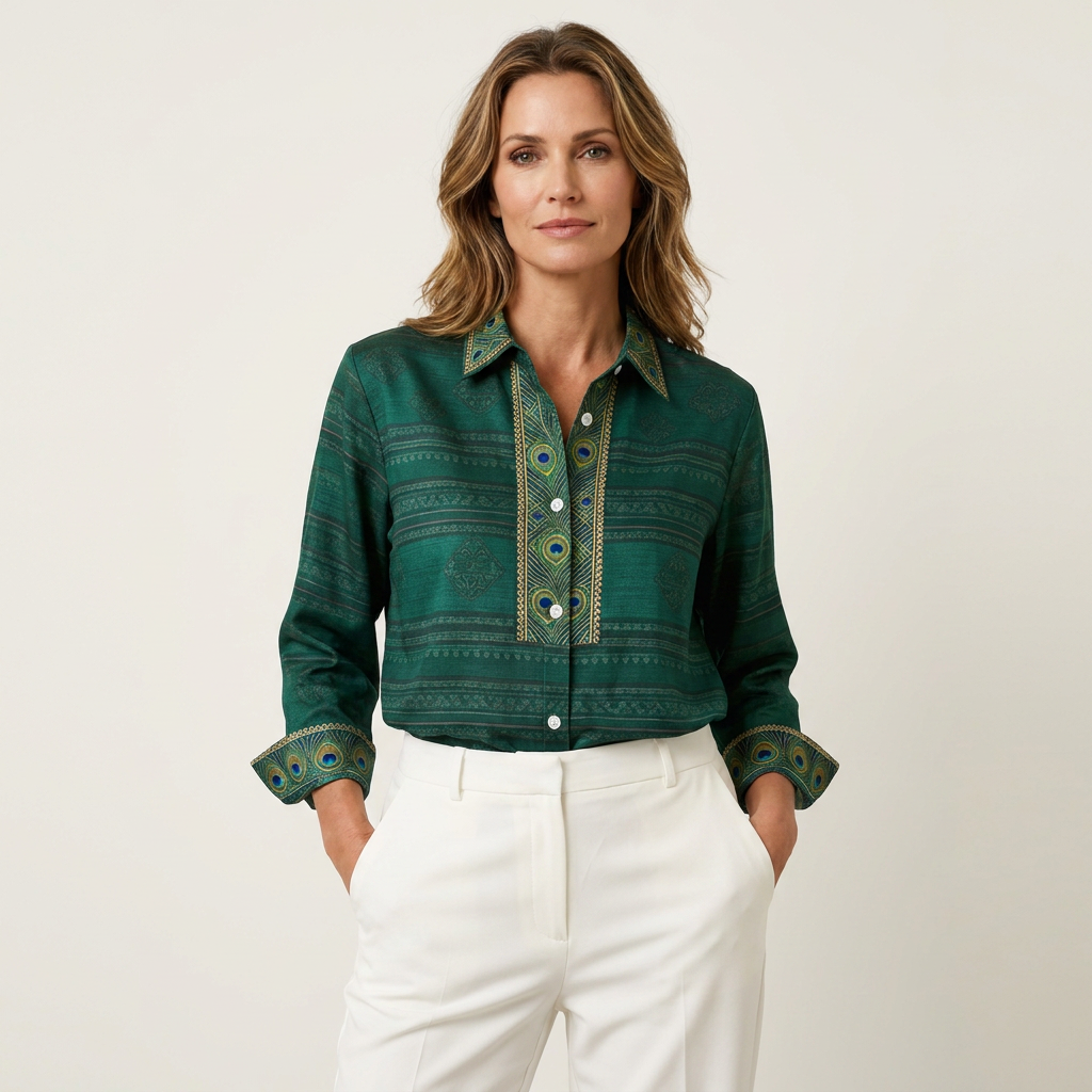 Sofia | Peacock Feather Print Button-Front Blouse