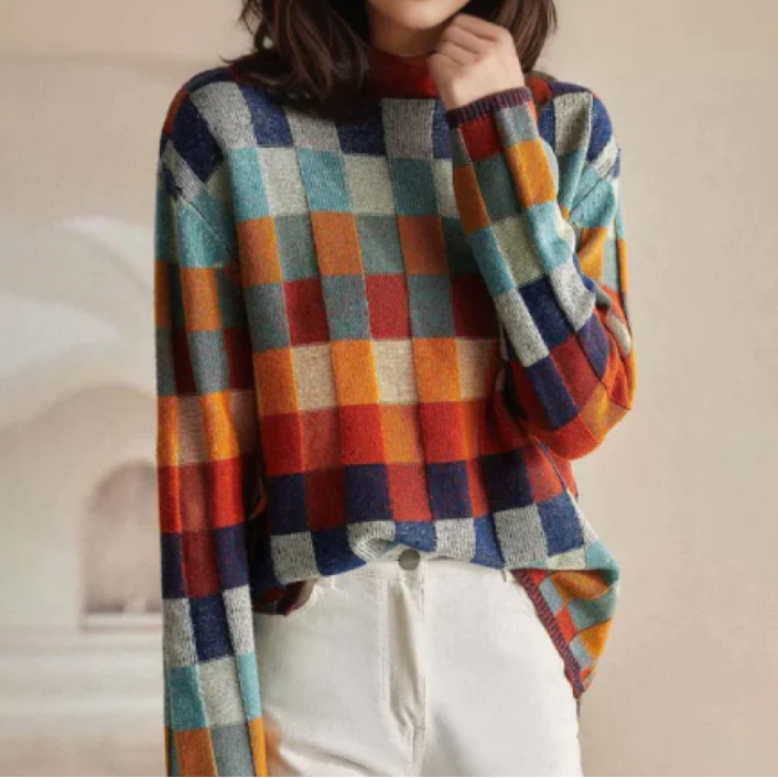 Nalindra™ | Retro Plaid Turtleneck Sweater