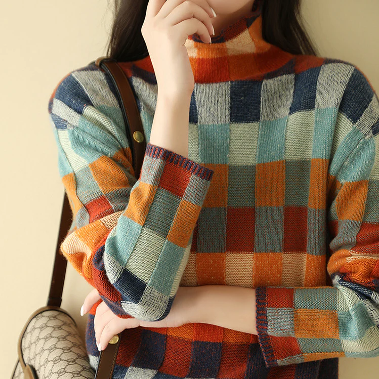 Nalindra™ | Retro Plaid Turtleneck Sweater