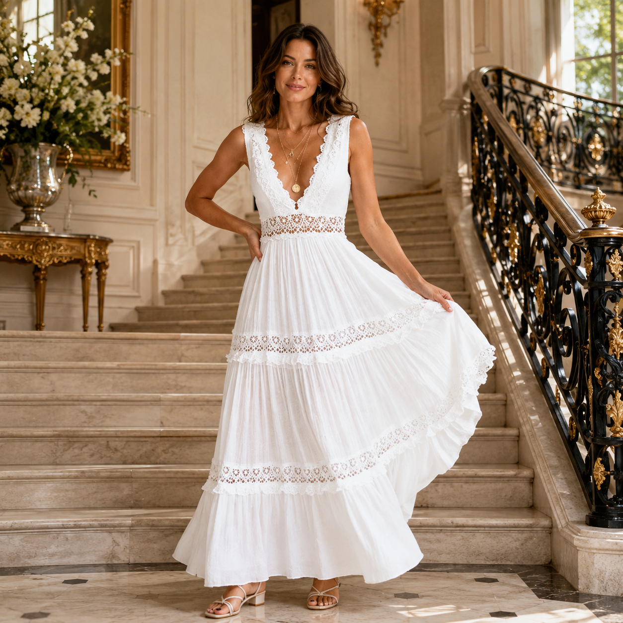 Whitley™ | Lace-Detail Tiered Maxi Dress