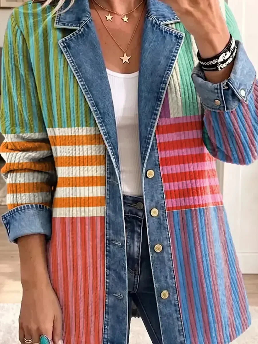 Elnora™ | Geometric Stripe Denim Jacket
