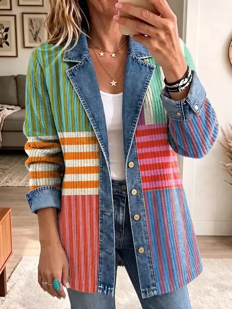 Elnora™ | Geometric Stripe Denim Jacket