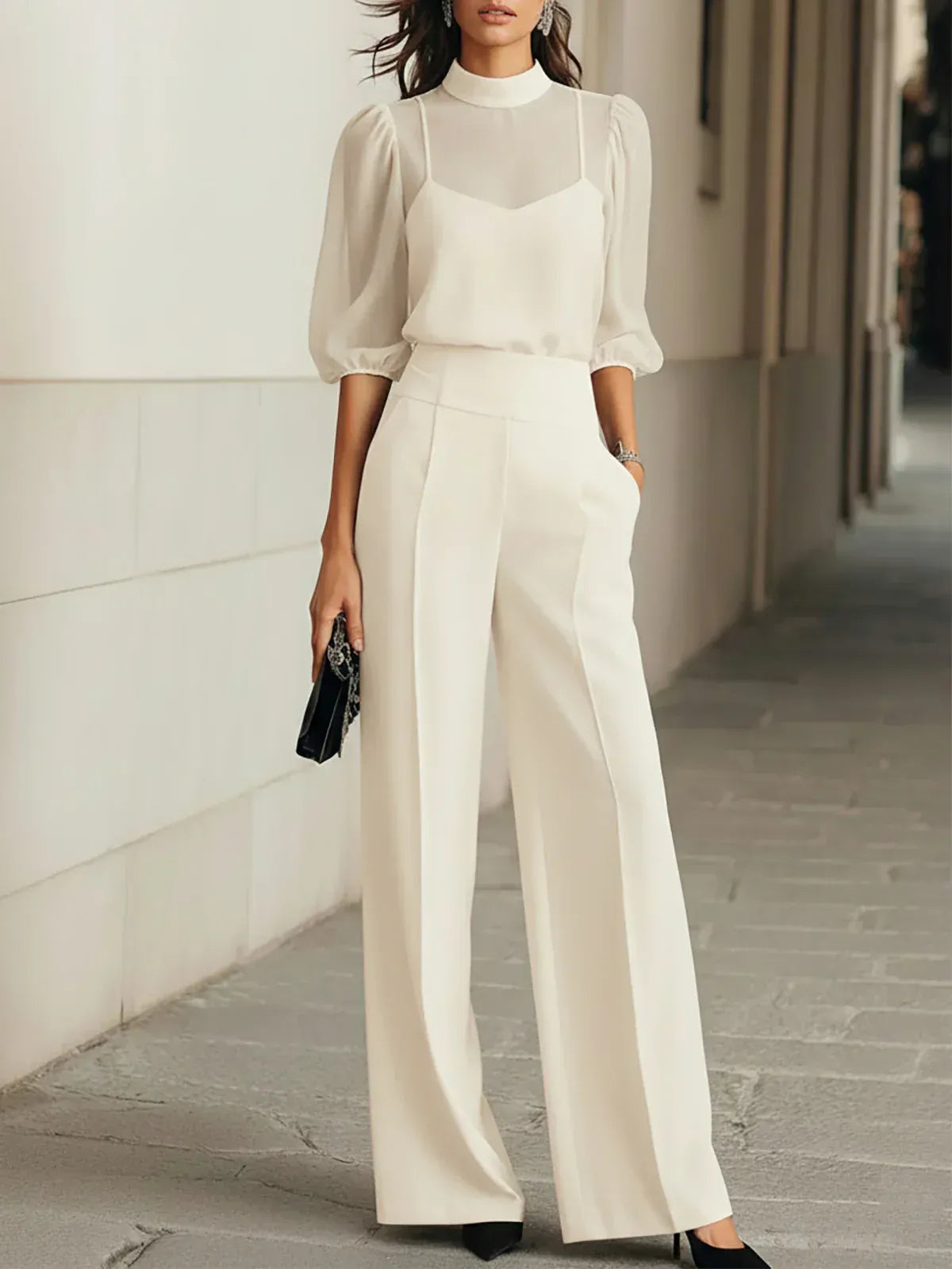 Loriane™ | Three-Piece Set with Sheer Top and Wide-Leg Trousers