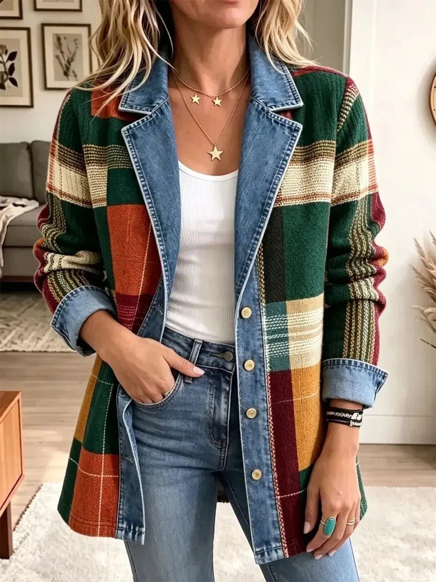 Rhoda™ | Retro Plaid Denim Jacket