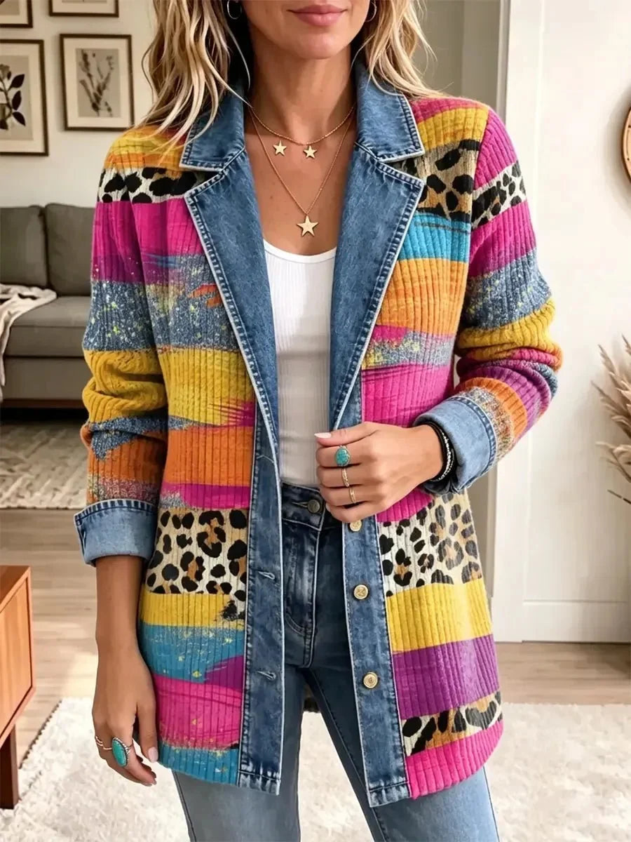 Delphia™ | Leopard Patchwork Denim Jacket