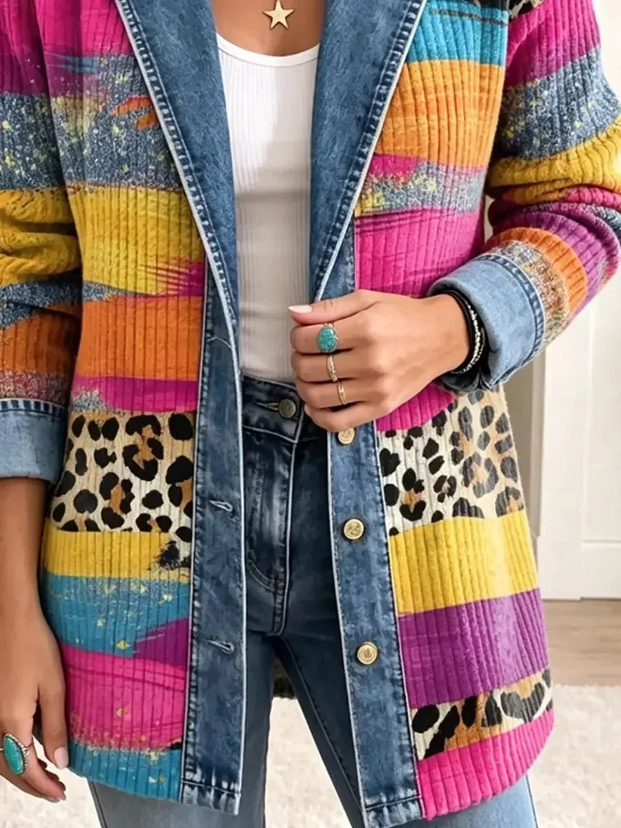 Delphia™ | Leopard Patchwork Denim Jacket