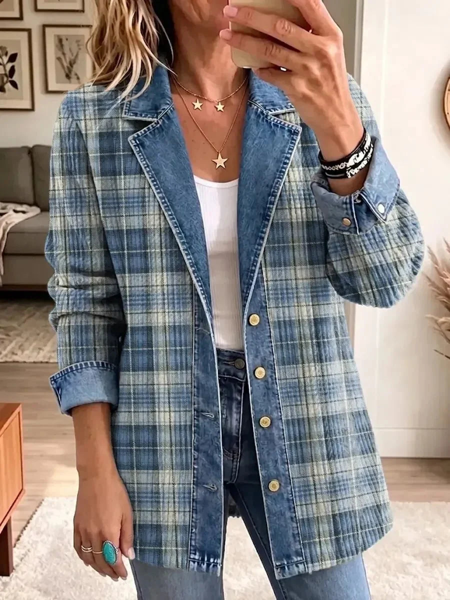 Norene™ | Blue Plaid Denim Jacket