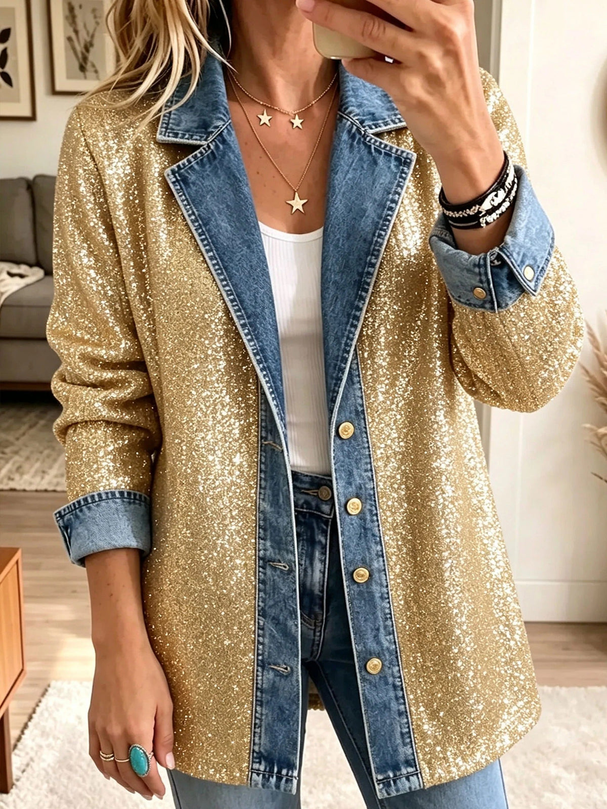 Lenna™ | Gold Glitter Denim Jacket