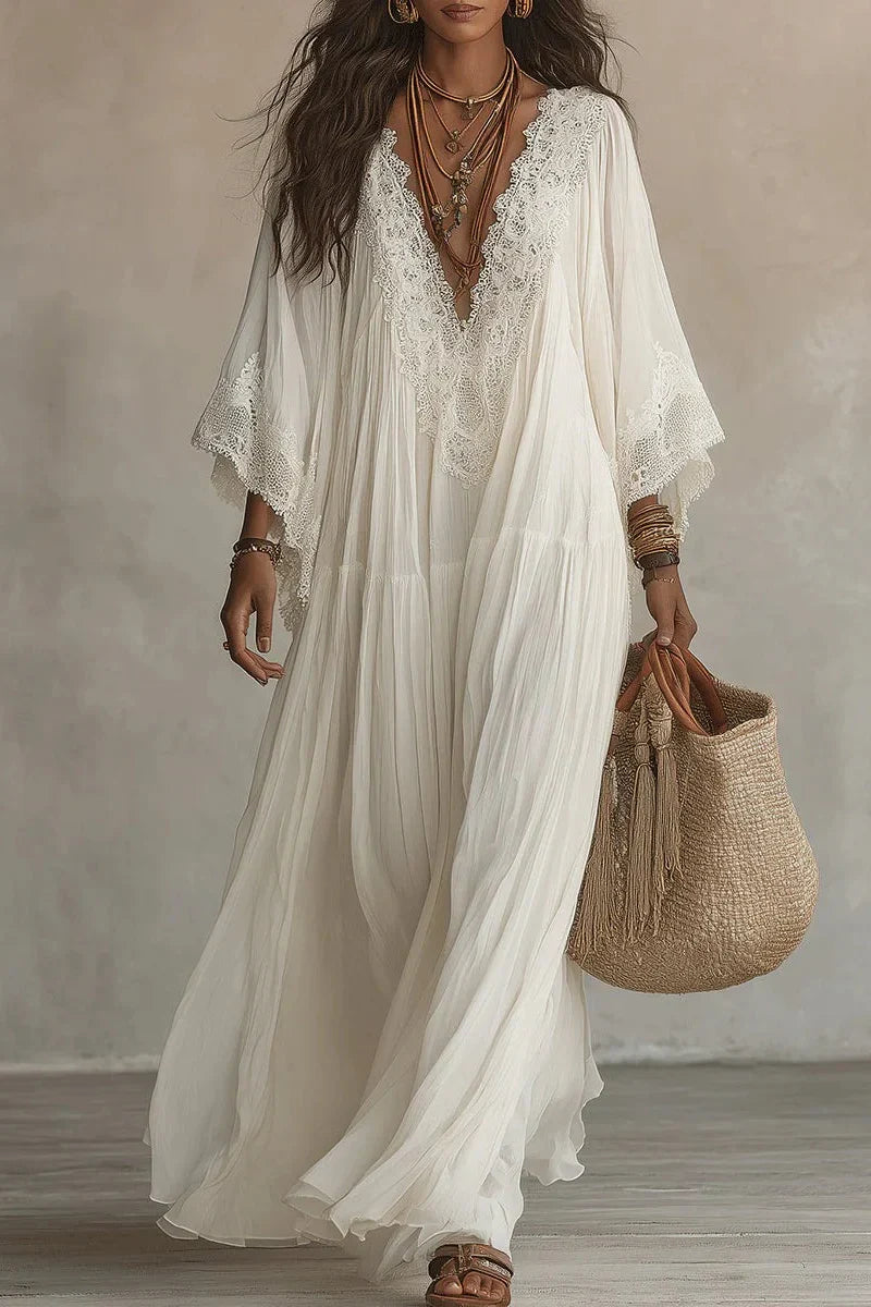 Kaylenne™ | V-Neck Maxi Dress with Batwing Sleeves