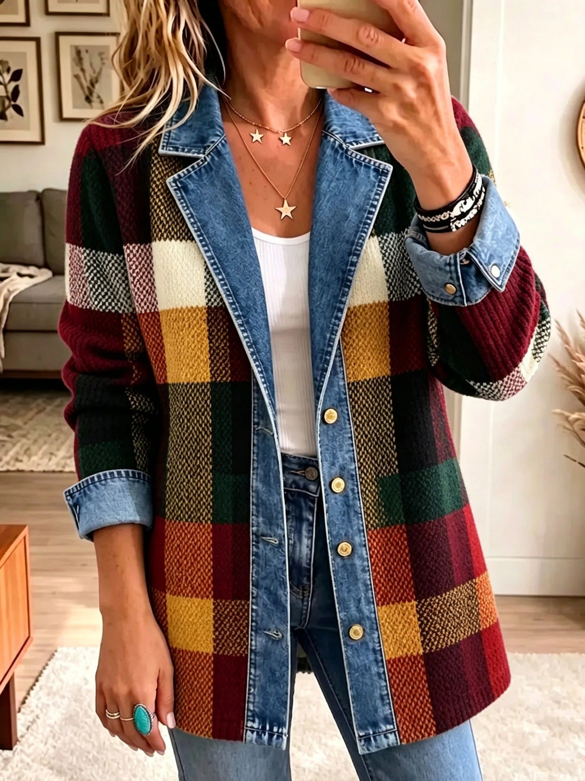 Effie™ | Colour Block Plaid Denim Jacket