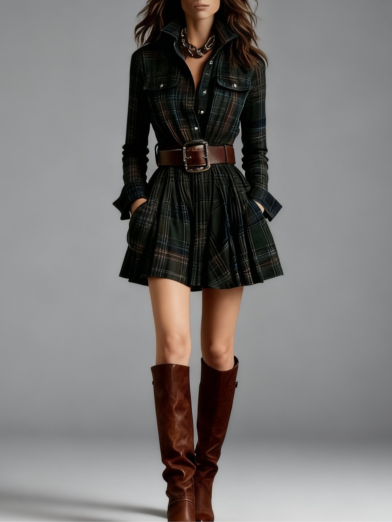 Marguerite™ | Plaid Mini Shirt Dress with Belted Pleated Style