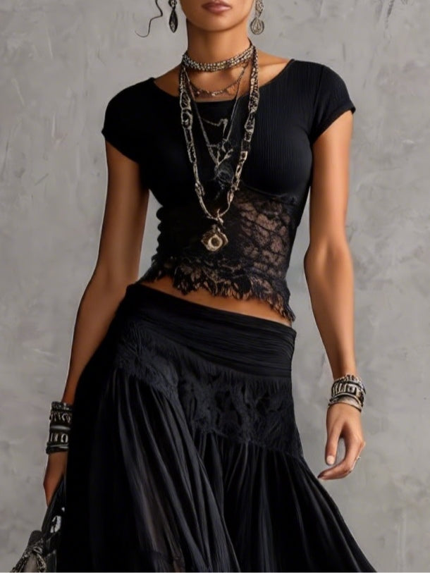 Rosamund™ | Lace-Paneled Crop Top & Pleated Maxi Skirt Set