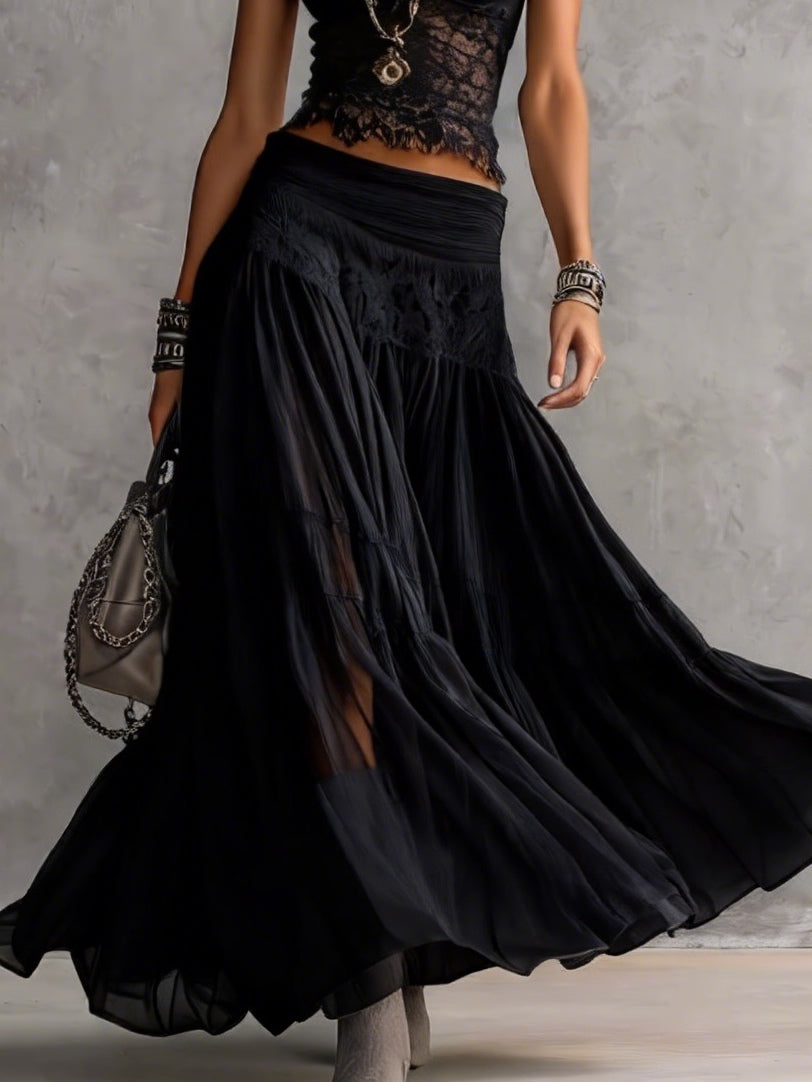Rosamund™ | Lace-Paneled Crop Top & Pleated Maxi Skirt Set