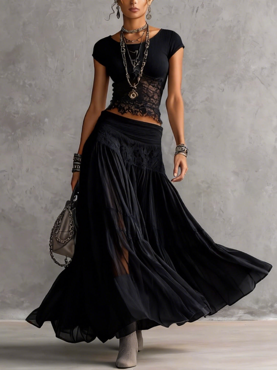 Rosamund™ | Lace-Paneled Crop Top & Pleated Maxi Skirt Set
