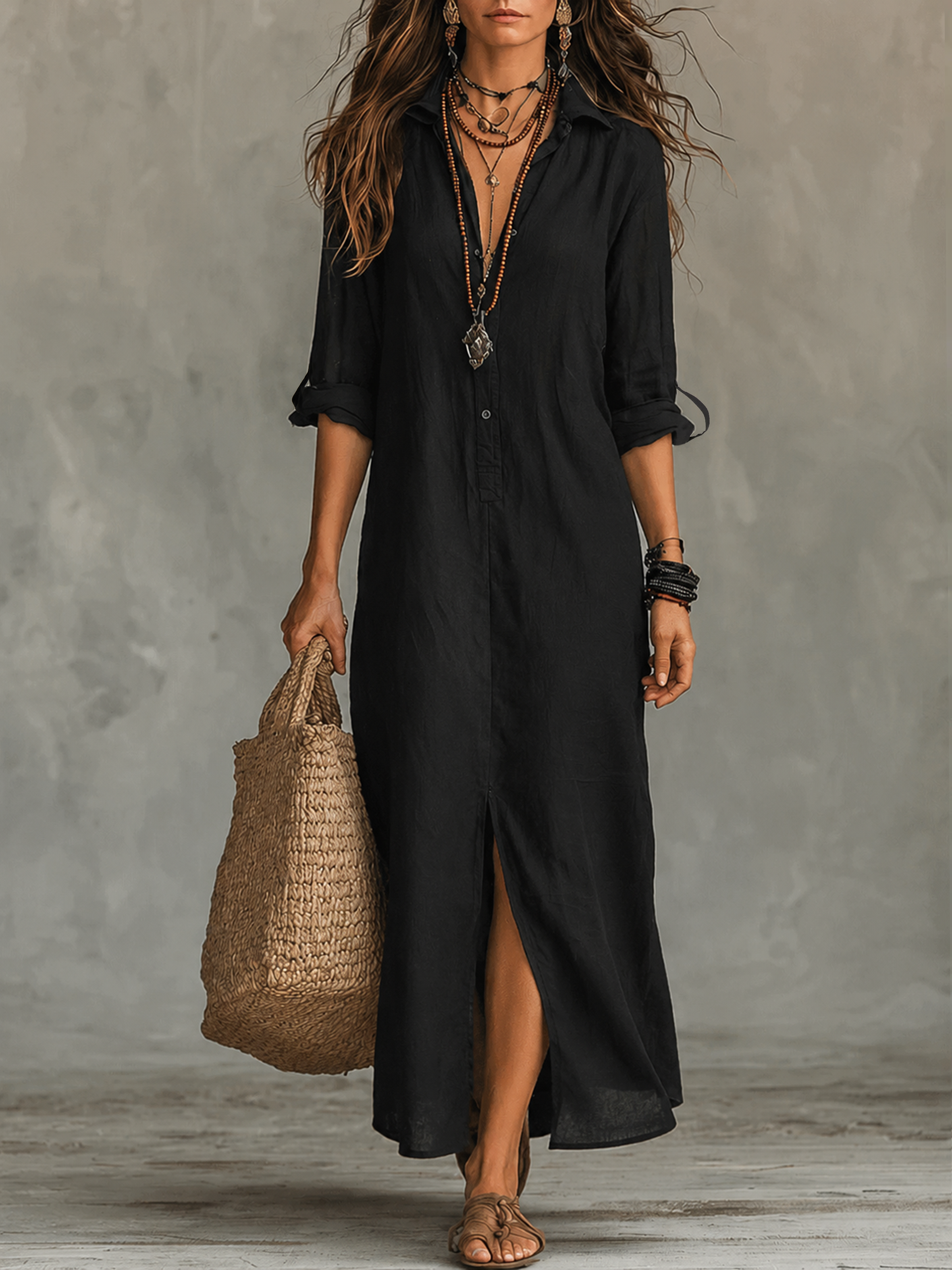 Greta™ | Button-Front Bohemian Shirt Maxi Dress