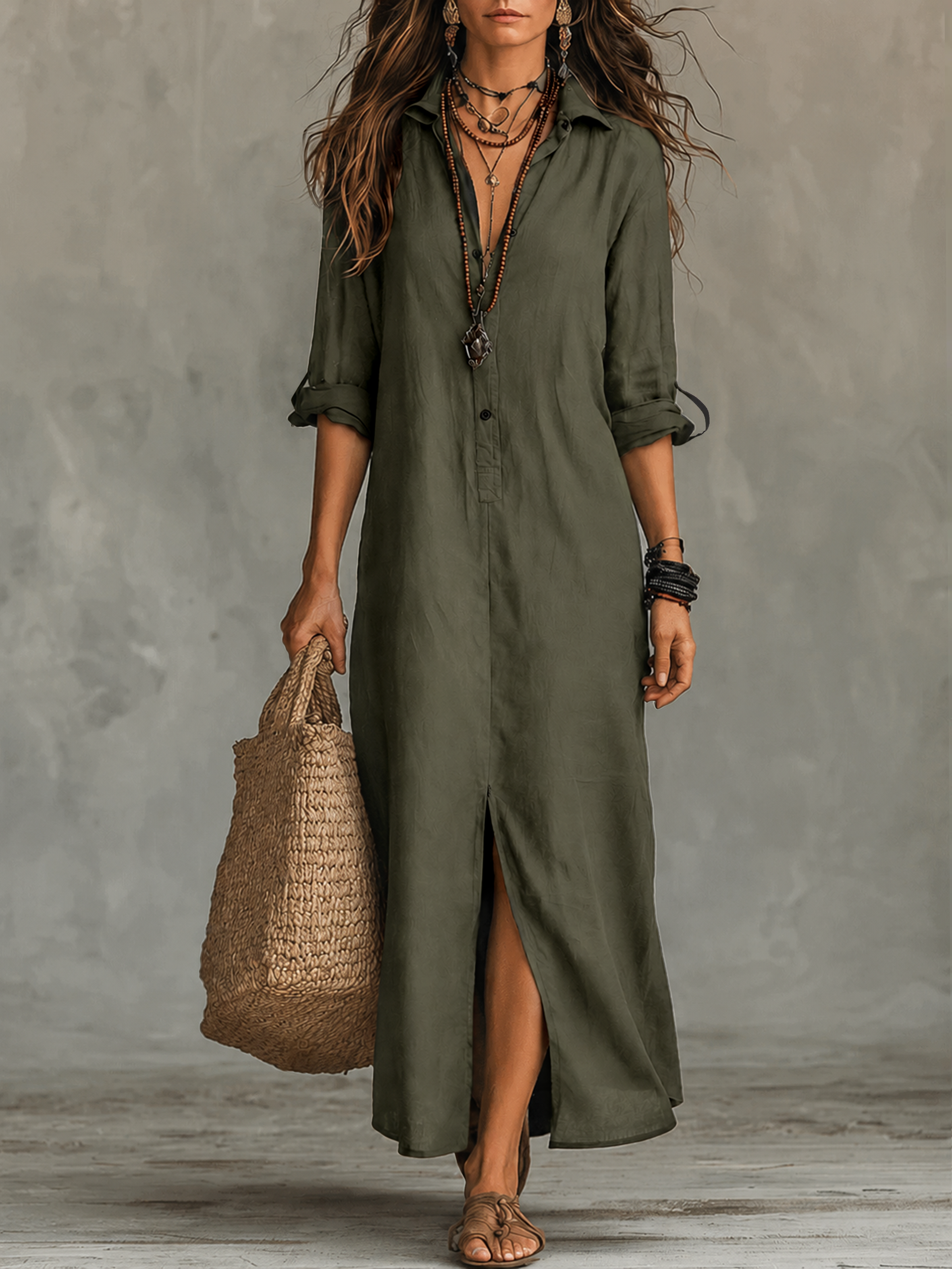 Greta™ | Button-Front Bohemian Shirt Maxi Dress