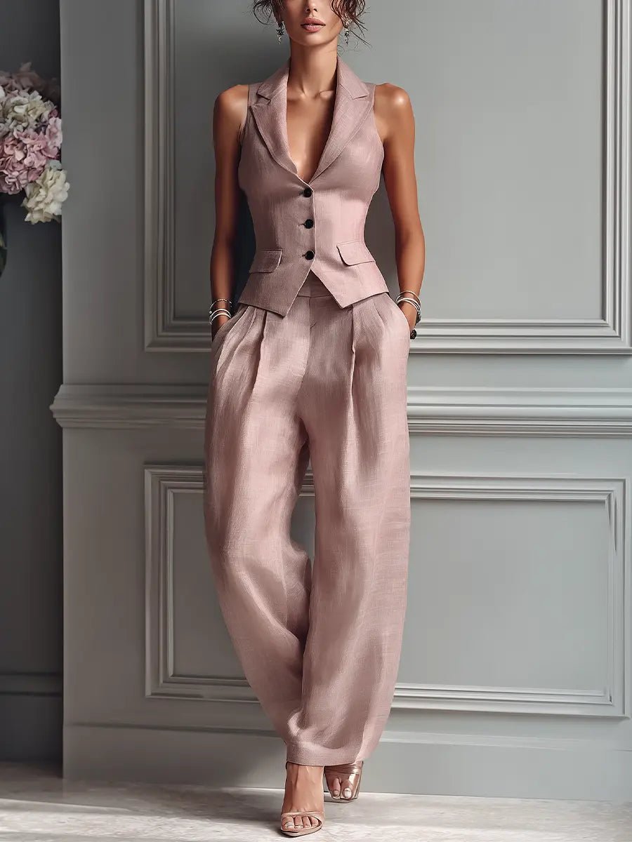 Nevelle™ | Sleeveless Lapel Vest & Wide-Leg Pants Two-Piece Set in Blush Pink