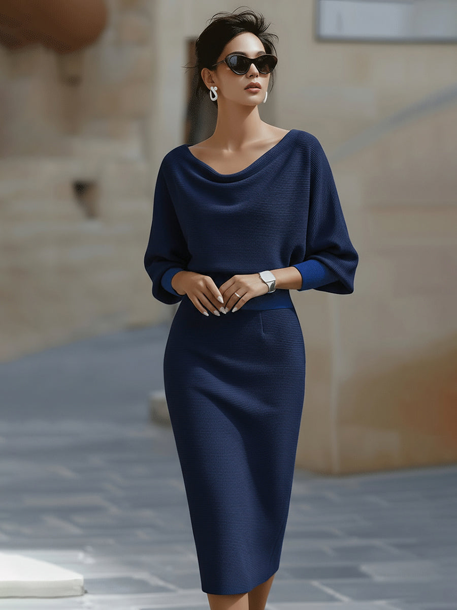 Belvaine™ | Draped Midi Dress with Batwing Sleeves