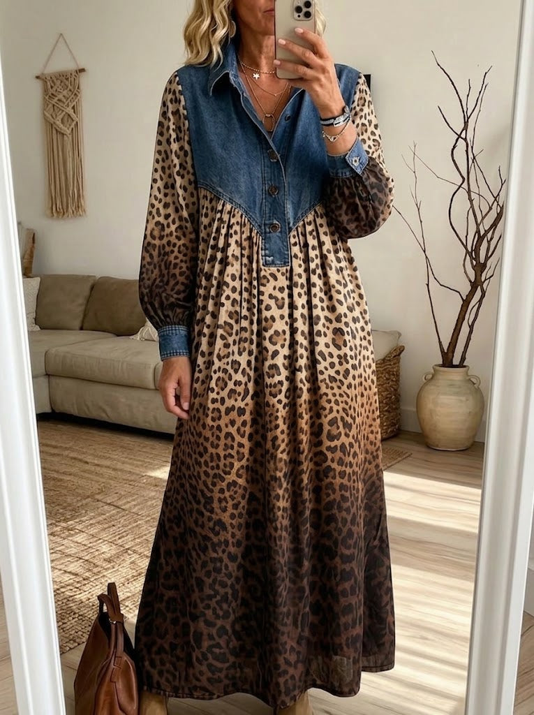 Savannah™ | Vintage Yoke Leopard Long Sleeve Maxi Dress