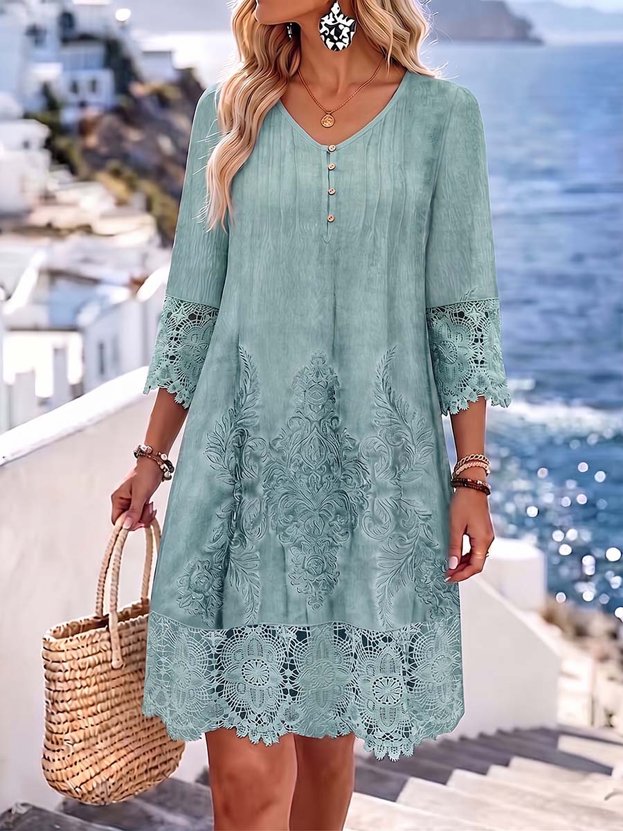Rosamund™ | Casual Loose-Fit V-Neck 3/4 Sleeve Dress with Placement Print and Lace Paneling