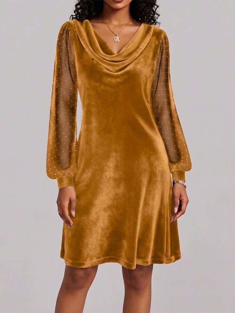 Reevaine™ | Long-Sleeve Cowl Neck Dress with Embellished Sleeves