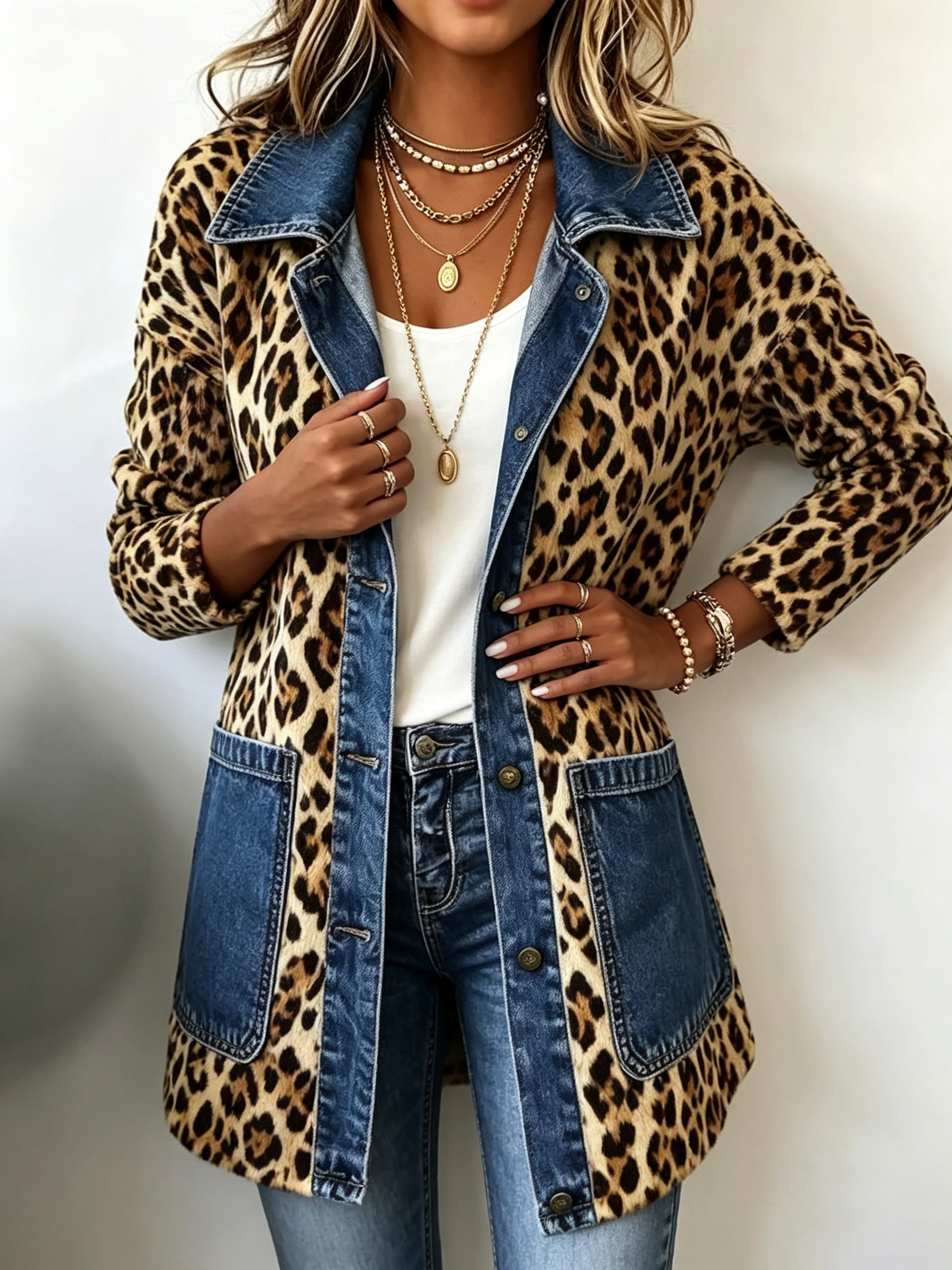 Fablenne™ | Leopard Print Denim Panel Contrast Longline Jacket
