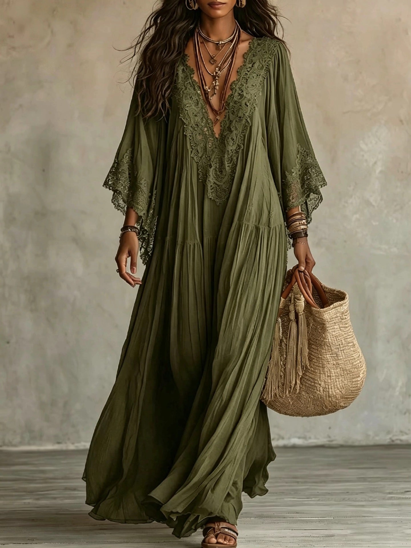 Roseveil™ | Lace-Trimmed Flowy Maxi Dress