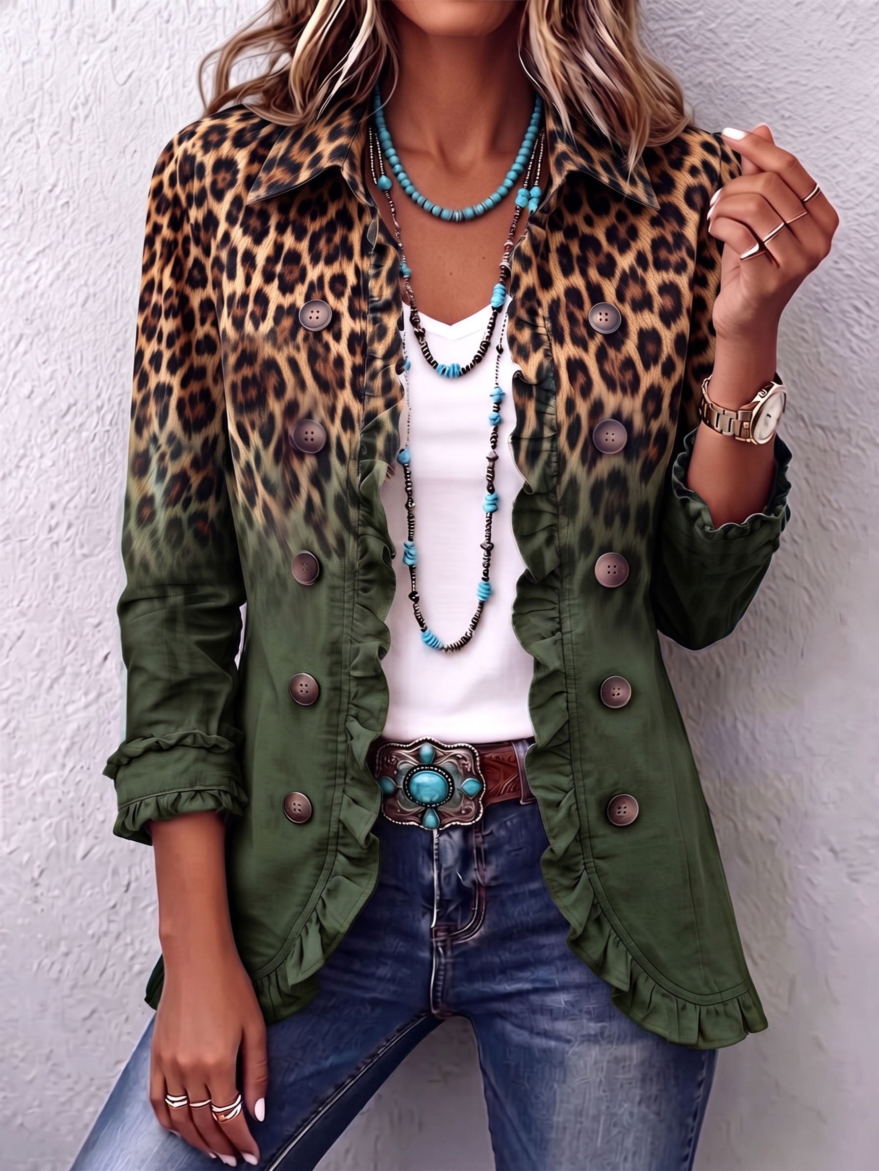 Elspeth™ | Leopard Ombre Ruffle Blazer Jacket