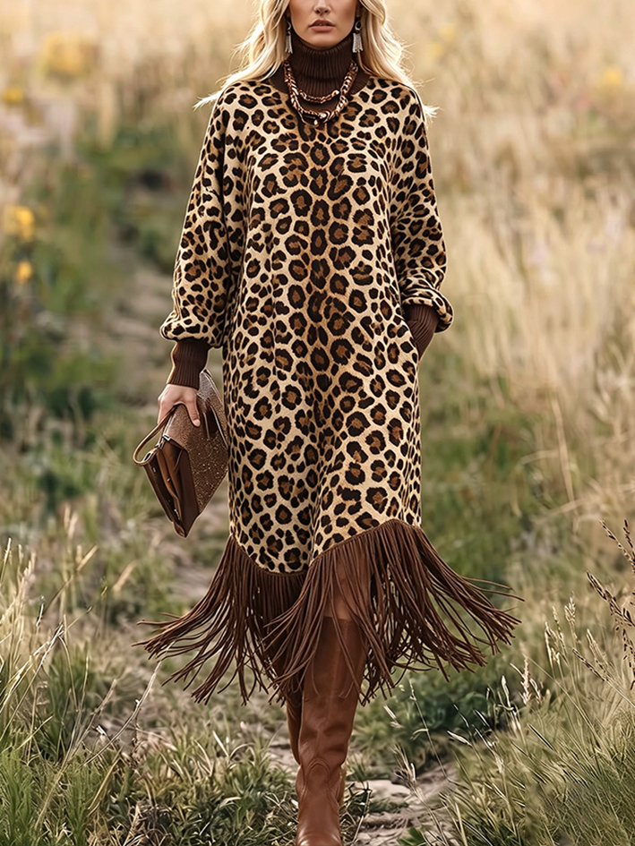 Savanna™ | Leopard Print Fringe Sweater Dress