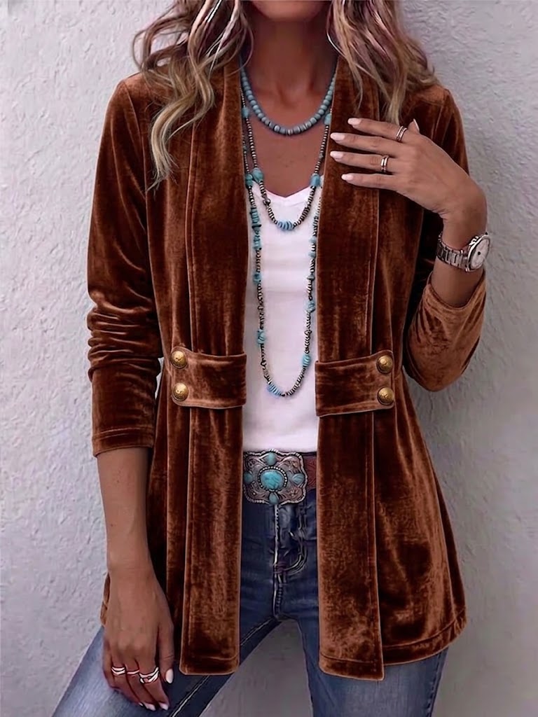 Holliwell™ | Vintage Lapel Button-Accent Long Sleeve Open Front Jacket