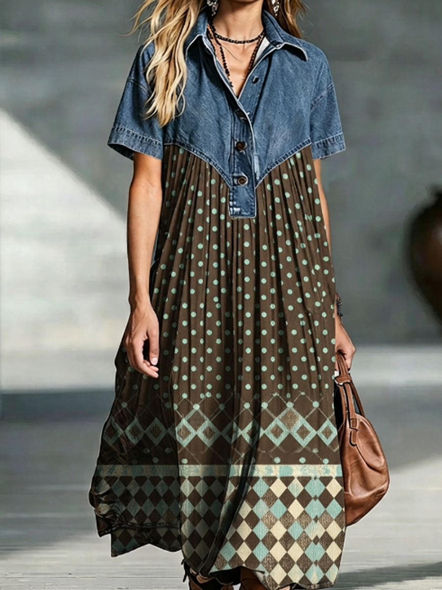 Lottaway™ | Spliced Polka Dot Argyle Print Shirt Midi Dress