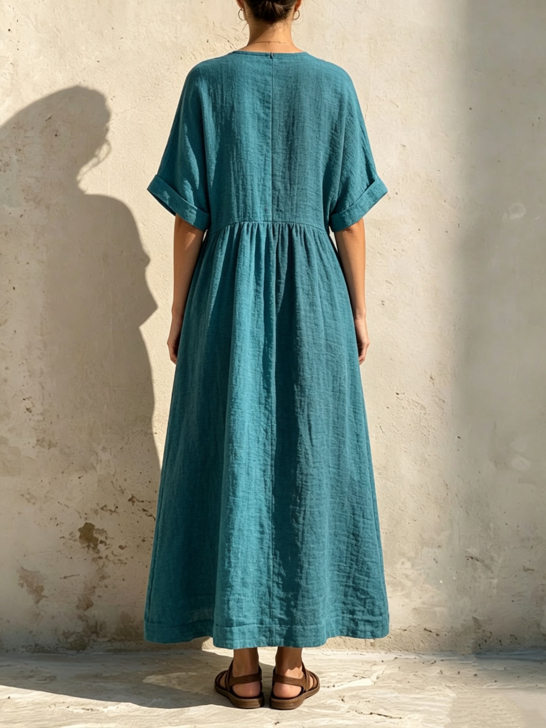 Valentina™ | Round Neck Notch Placket Gathered Rolled Cuff Swing Maxi Dress