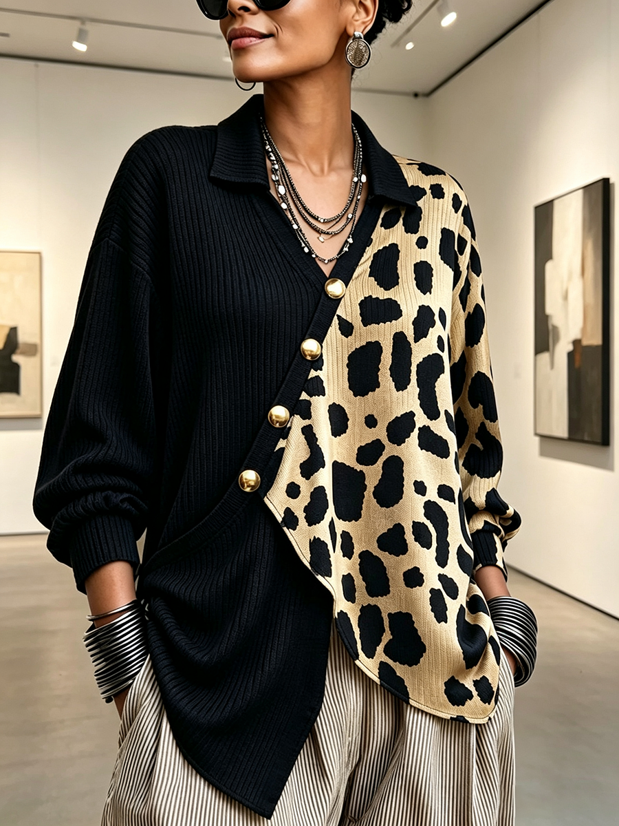 Isolvie™ | Bold Leopard Color-Block Asymmetric Sweater