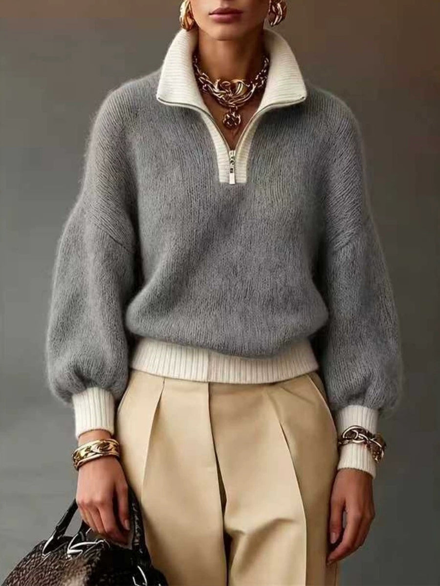 Nadia™ | Contrast-Trim Half-Zip Sweater