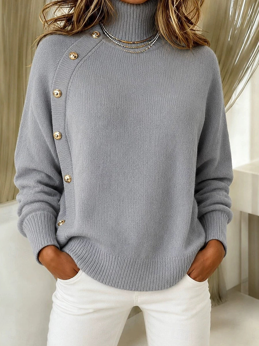 Amelia | Elegant Crimson Asymmetrical Button Turtleneck Sweater