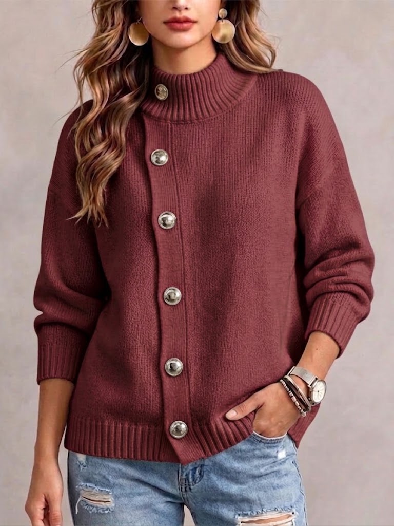 Sableine™ | Mock Neck Button Sweater