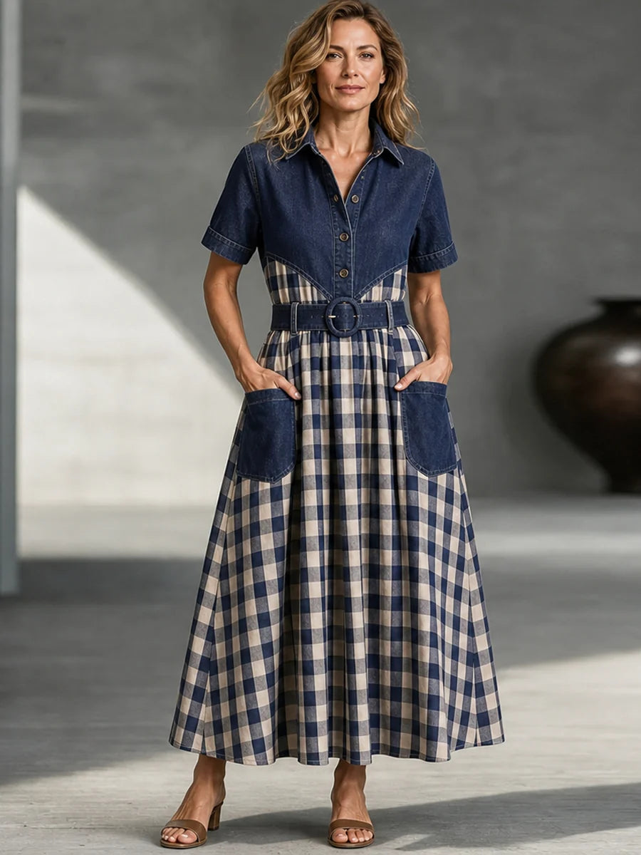 Meadowcroft™ | Vintage Yoke & Plaid Patchwork Shirt Dress With Belt