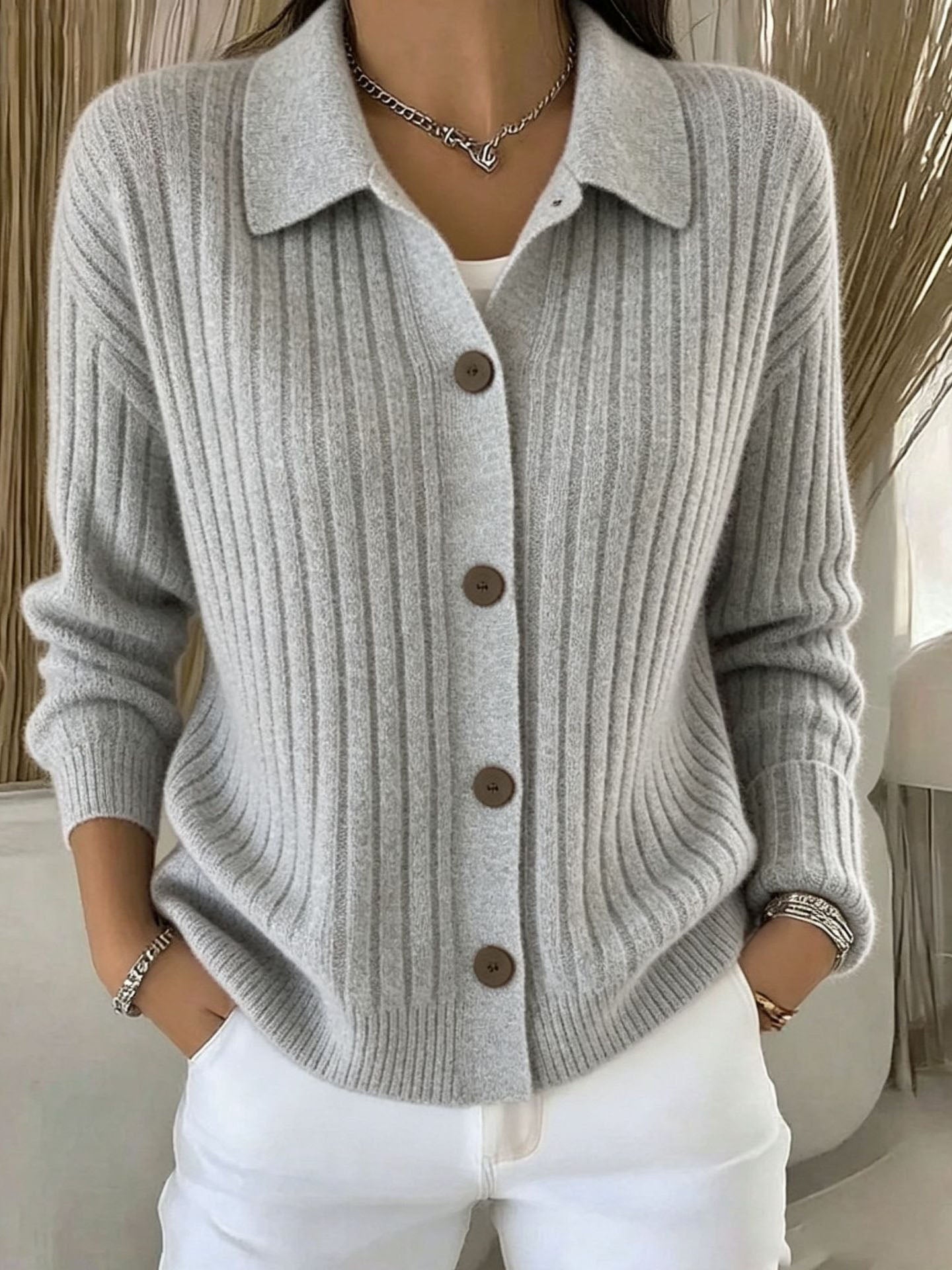 Merriwen™ | Vibrant Blue Ribbed Collared Button-down Cardigan Sweater
