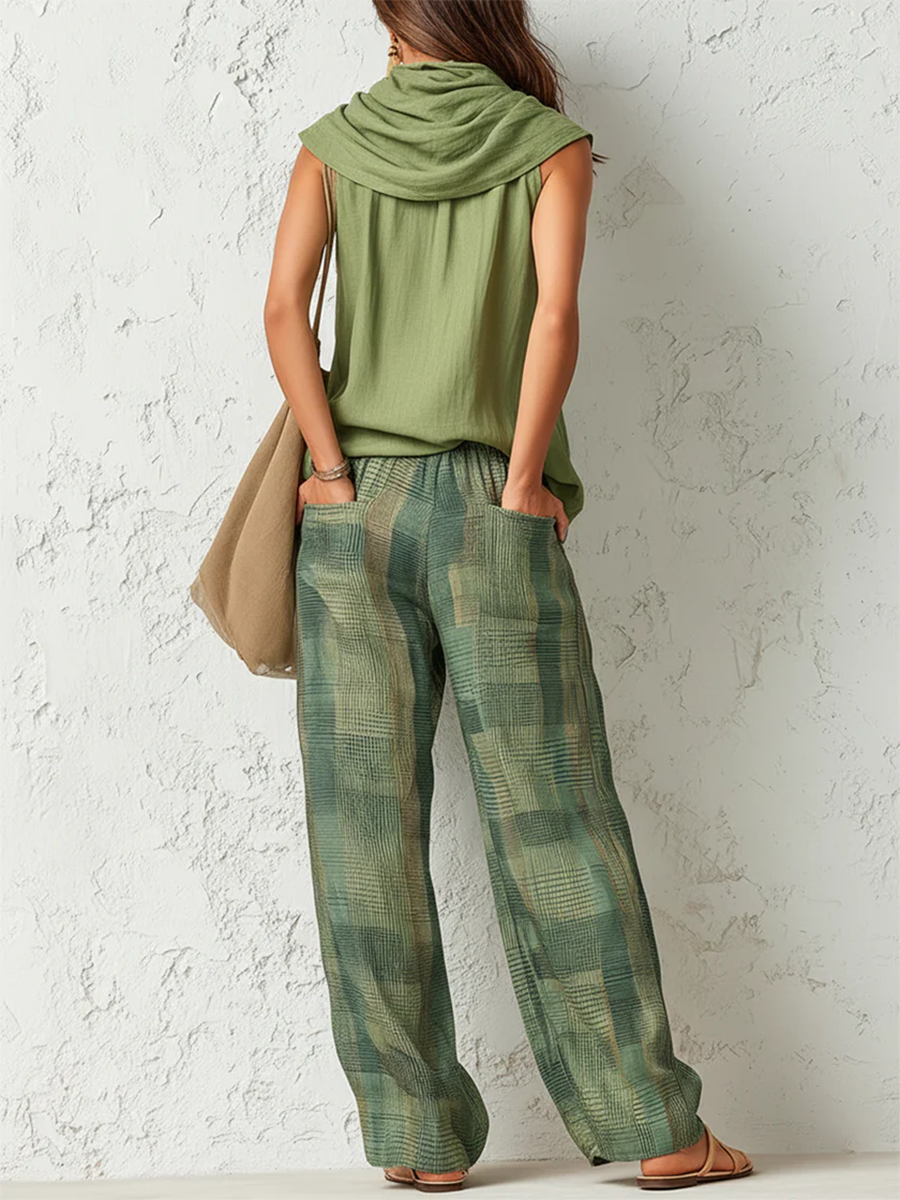 Sage™ | 3-Piece Cowl Neck Top, Scarf & Checkered Pants Ensemble