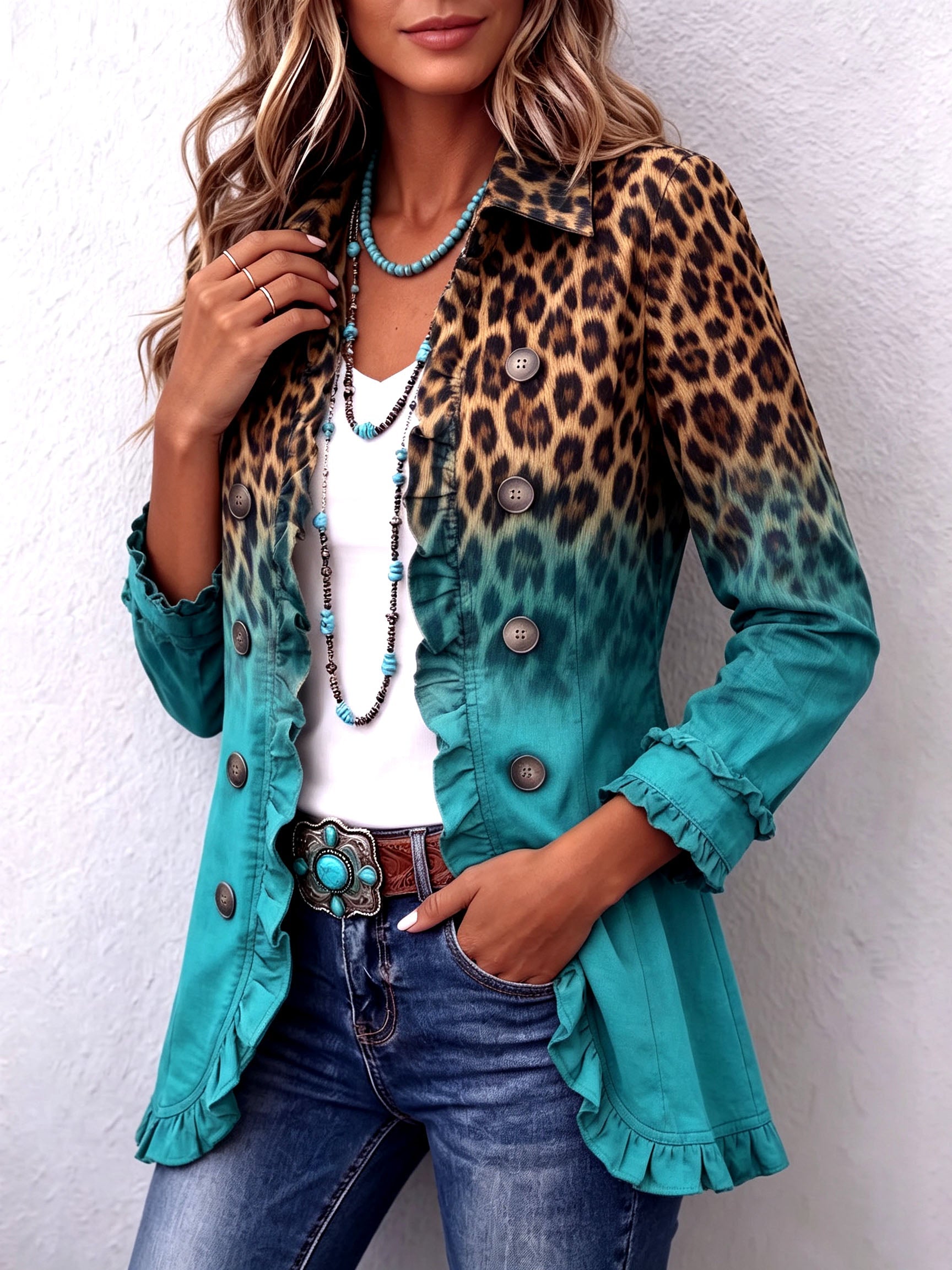 Elspeth™ | Leopard Ombre Ruffle Blazer Jacket