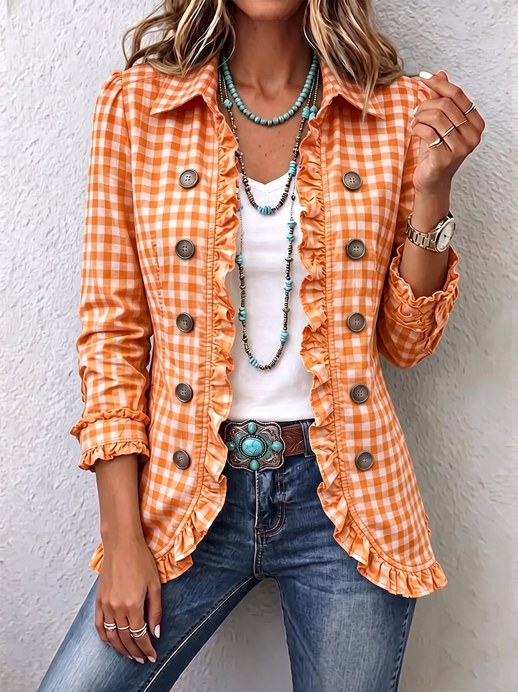 Charlene™ | Gingham Ruffled Button-Down Jacket
