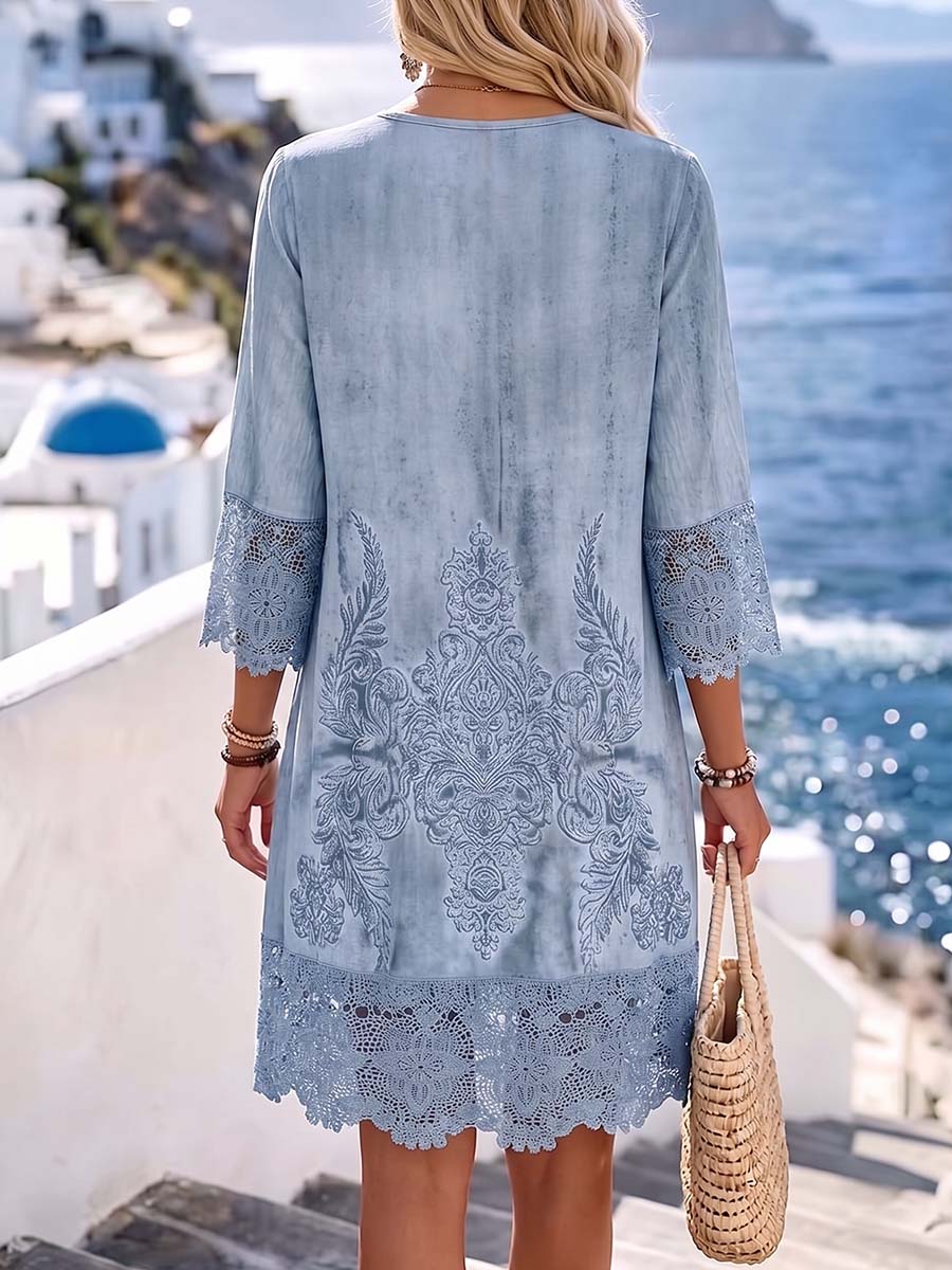 Rosamund™ | Casual Loose-Fit V-Neck 3/4 Sleeve Dress with Placement Print and Lace Paneling