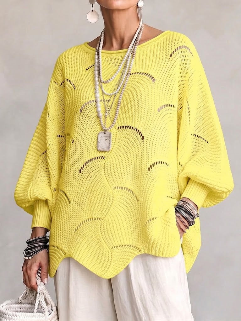 Anouk™ | Hollow Wave Pattern Loose Lantern Sleeve Knit Top