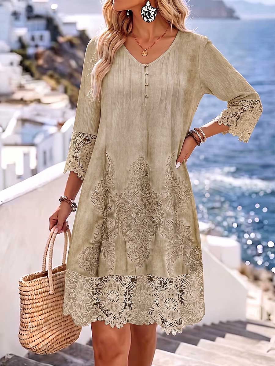 Rosamund™ | Casual Loose-Fit V-Neck 3/4 Sleeve Dress with Placement Print and Lace Paneling