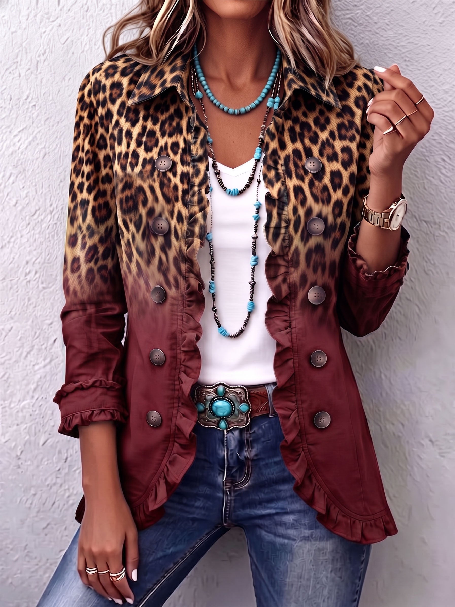 Elspeth™ | Leopard Ombre Ruffle Blazer Jacket