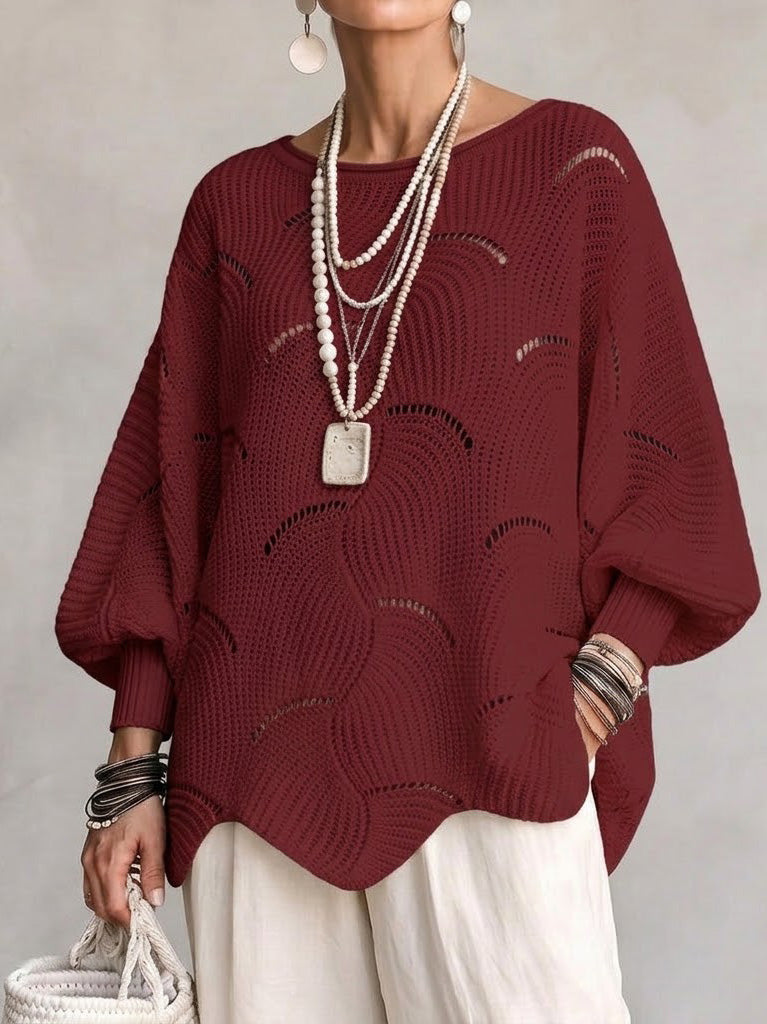Anouk™ | Hollow Wave Pattern Loose Lantern Sleeve Knit Top