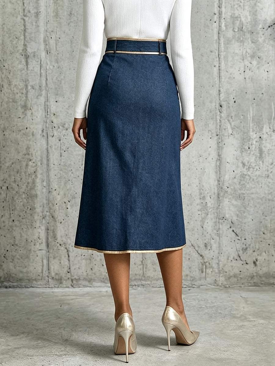 Noelle™ | High-Waist Wrap Midi Skirt with Gold Piping